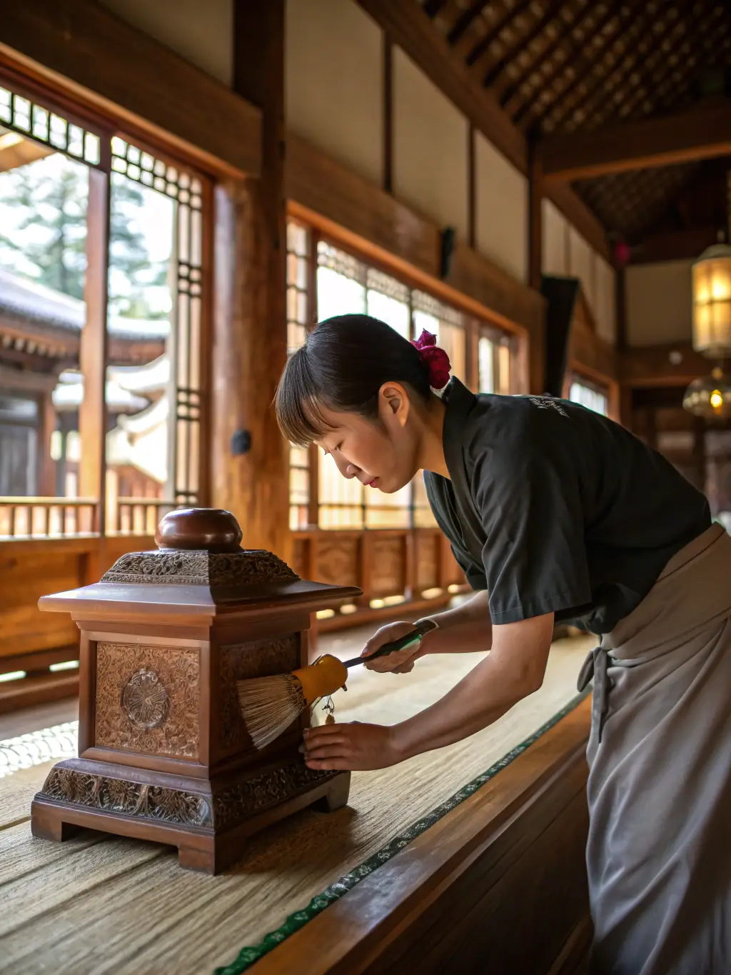 A photo showing the careful cleaning and preservation of a historical artifact, such as a religious statue or a piece of furniture, found within the church.