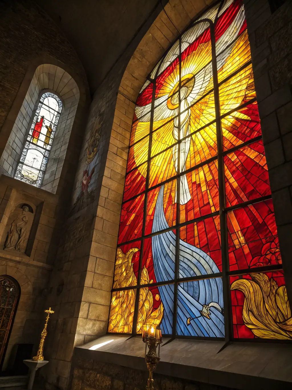 A photograph capturing the meticulous restoration of a stained glass window in the Saint-Martin et Sainte-Anne church, showcasing the vibrant colors and intricate details being preserved.