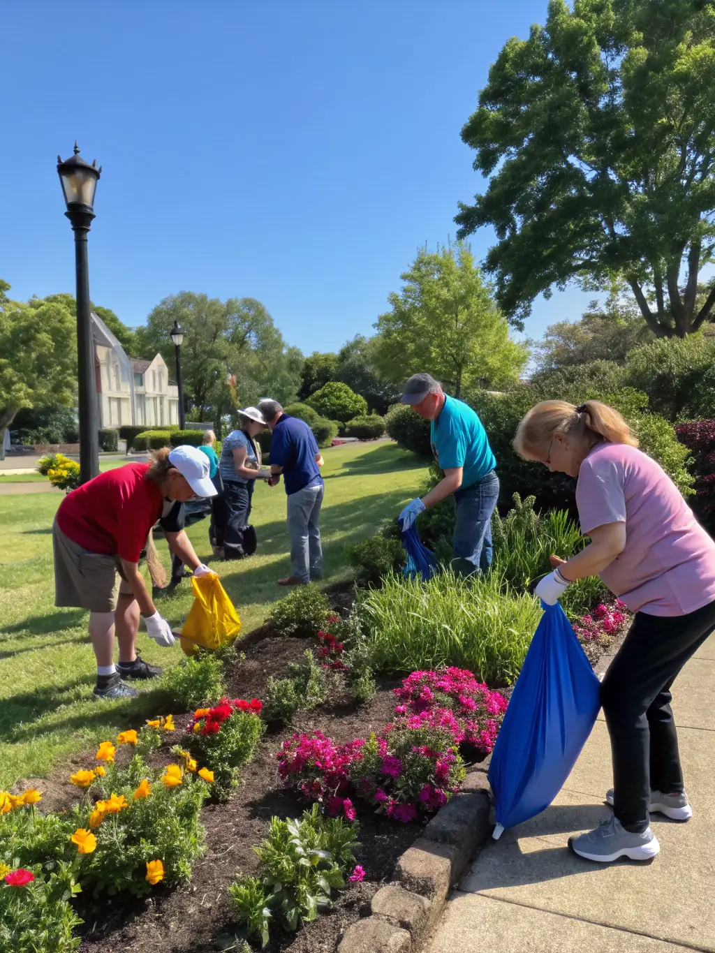 A photograph of volunteers participating in a community cleanup effort around the church grounds, demonstrating the association's commitment to maintaining the surrounding environment.